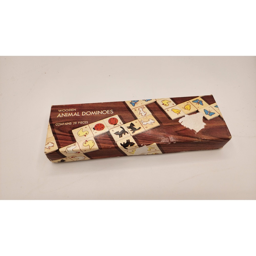 Vintage Wooden Animal Dominoes Set 28 Pieces Matching Game for Kids Educational
